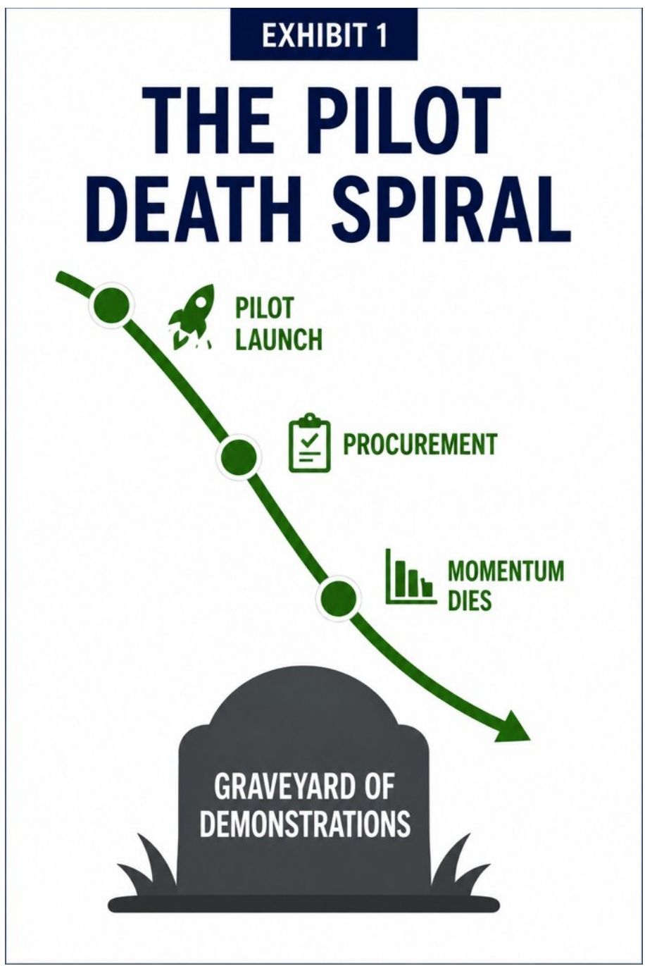 Exhibit 1: The Pilot Death Spiral — a curve descending from Pilot Launch, through Procurement and Momentum Dies, into a Graveyard of Demonstrations.