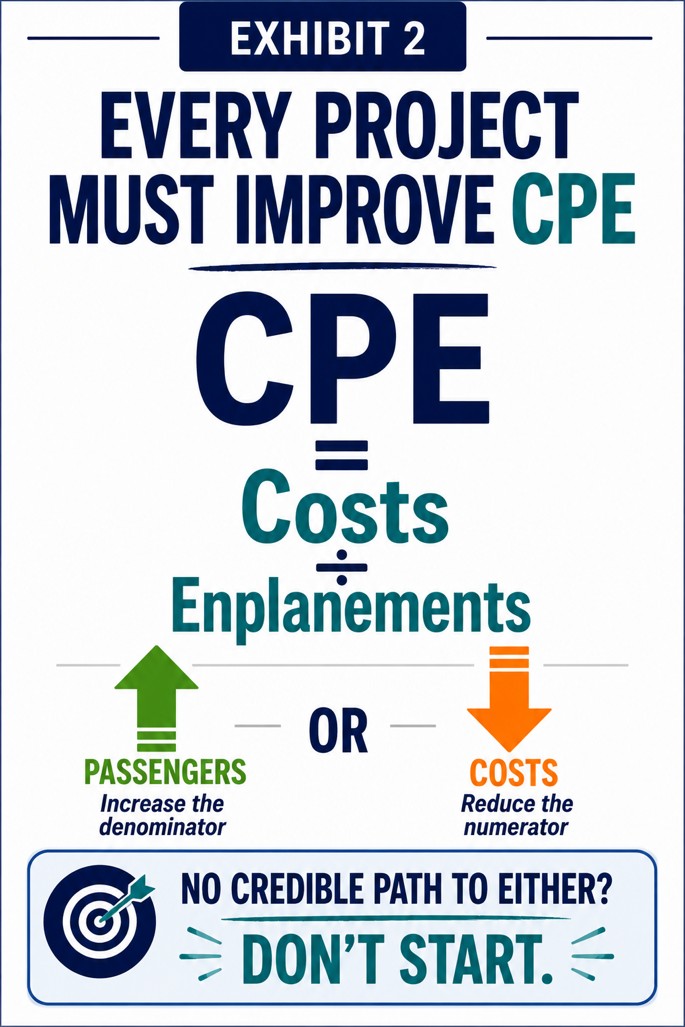 Exhibit 2: Every project must improve CPE. CPE equals costs divided by enplanements; increase the denominator or reduce the numerator; no credible path to either means don't start.